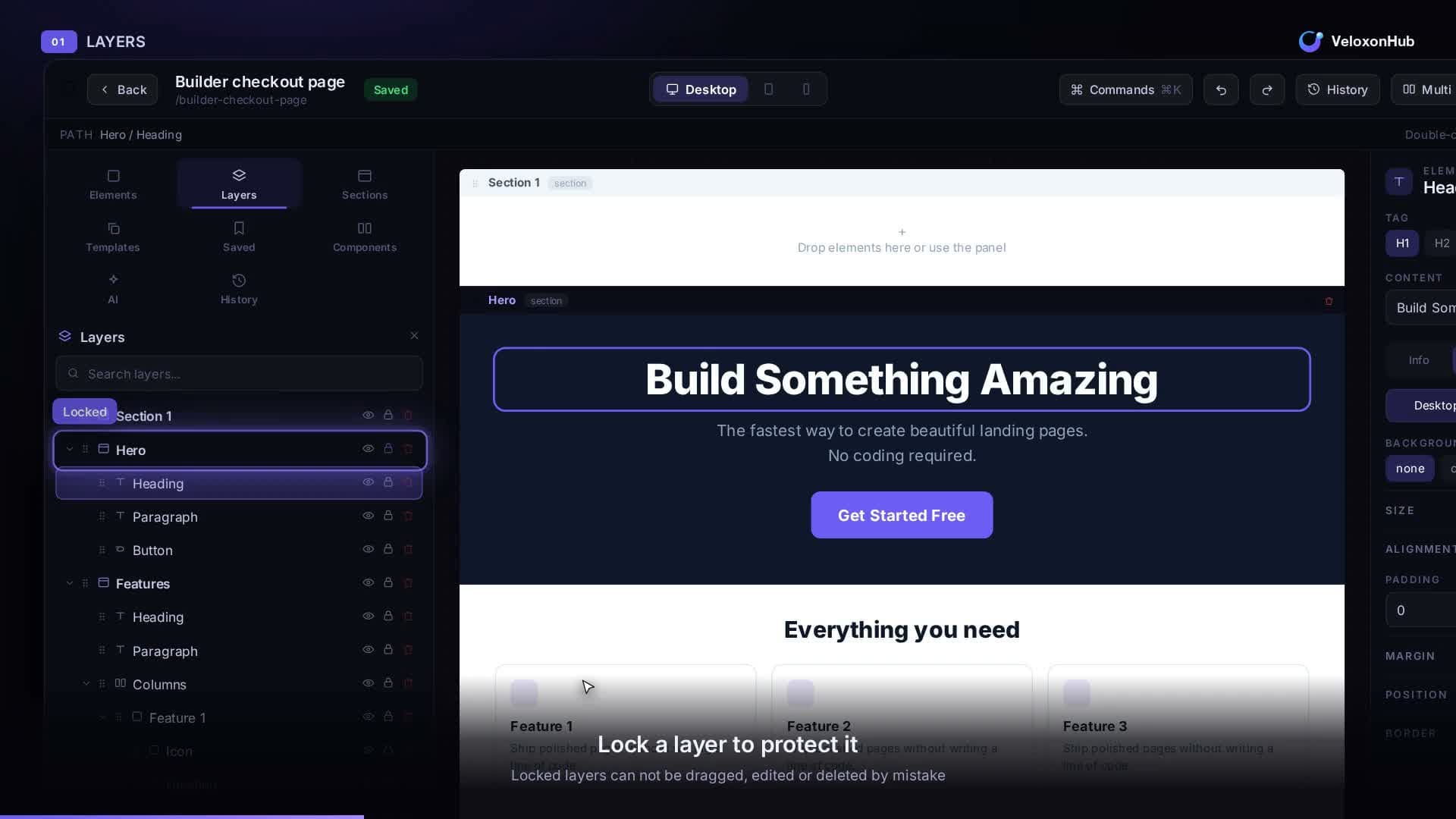 Veloxon page builder showing the page canvas and editable layers